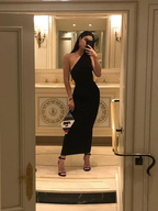 Robe de soirée noire fourreau asymétrique Y32