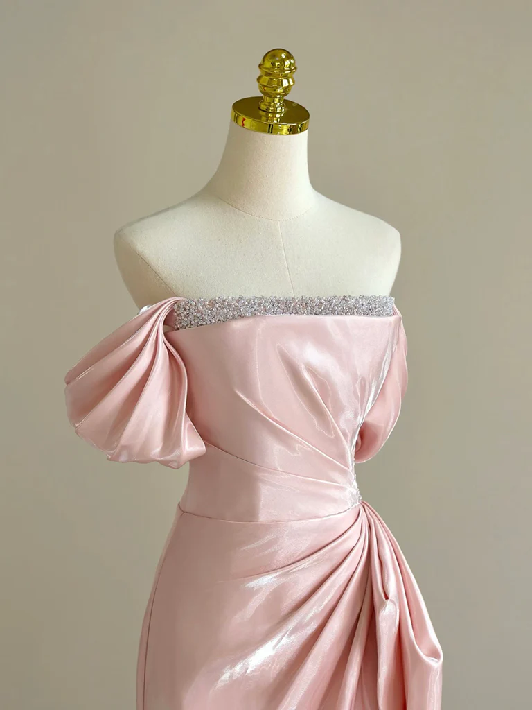 Precioso vestido largo rosa de fiesta con hombros descubiertos y cuentas Y8049