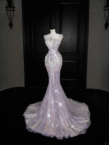 Glamorous Lavender Tulle Beaded Mermaid Prom Dress Formal Evening Dress Y8669