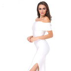 White Celebrity Runway Bandage Dress Women Black Red Sexy Off Shoulder Midi Bodycon Evening Party Dress Vestido