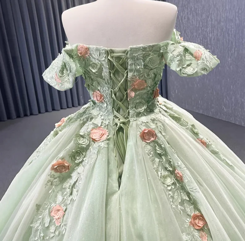 Robe de bal de gala/quinceañera vert matcha, épaules dénudées, ornée d'appliqués floraux et d'un laçage scintillant au dos (Y2190)