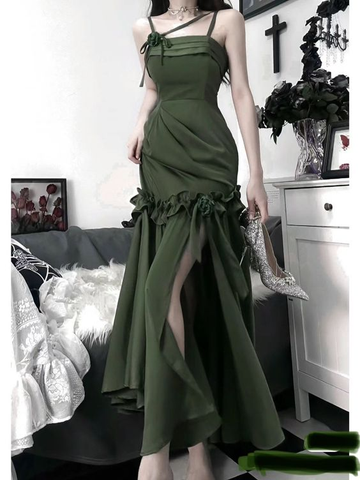 Vestido de noche verde sirena con tirantes finos, elegante y chic, modelo Y5182