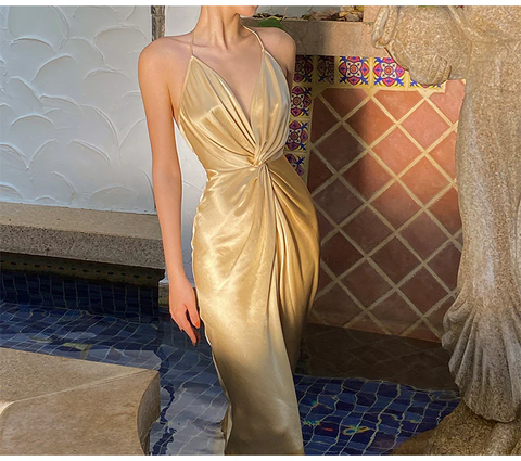 Sexy Halter V Neck Party Dress Champagne Gold Prom Evening Dress Y8211