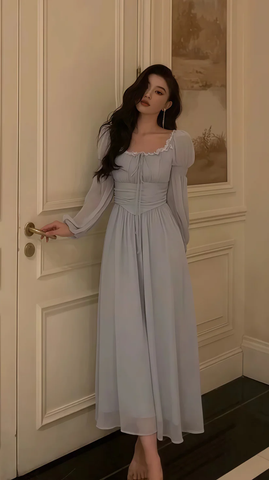 Vestido de fiesta de manga larga de gasa y encaje gris, elegante vestido de noche para baile de graduación Y8021