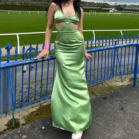 Sexy Green Long Satin Cut Out Prom Dress Long Evening Dress Y8549