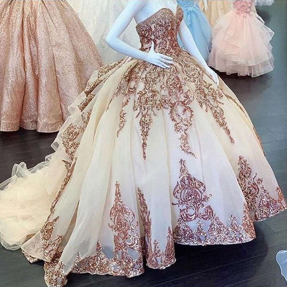 Robes de bal rose doré pour Sweet 16 (Quinceañera) avec sequins et appliques, décolleté cœur Y401