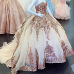 Robes de bal rose doré pour Sweet 16 (Quinceañera) avec sequins et appliques, décolleté cœur Y401