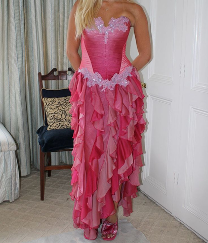 Vintage Hot Pink Lace Chiffon Ruffles Evening Dress Strapless Prom Dress Y8252