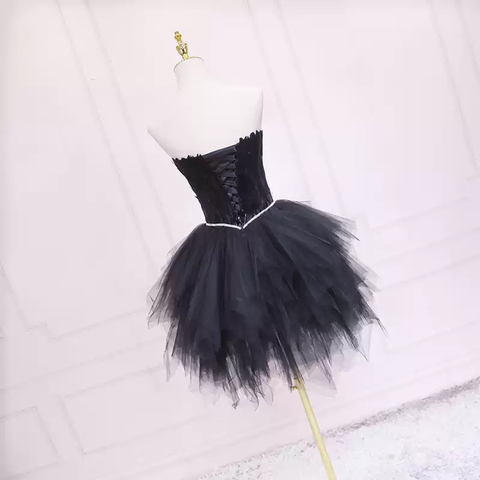 Vestido corto de tul negro para baile de bienvenida, sin tirantes, talla 38