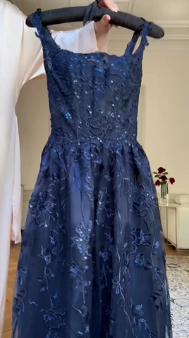 Vestido de fiesta azul marino corte A con apliques de encaje, elegante vestido de noche Y7830