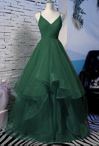 Vestido de fiesta/noche largo de tul plisado con brillo, corte en A, escote en V, color verde, modelo Y6440
