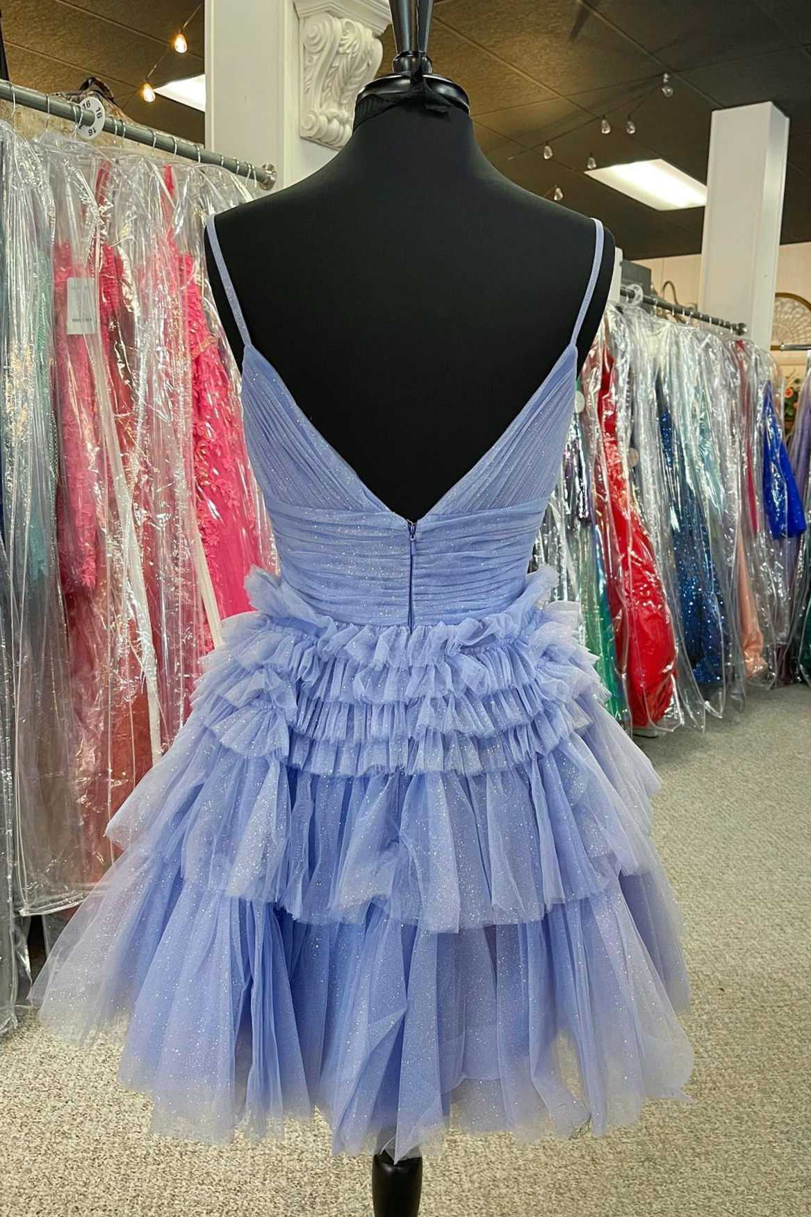 Vestido corto de fiesta de corte A con escote en V y espalda descubierta de varias capas. Vestido de graduación de corte A Y2350