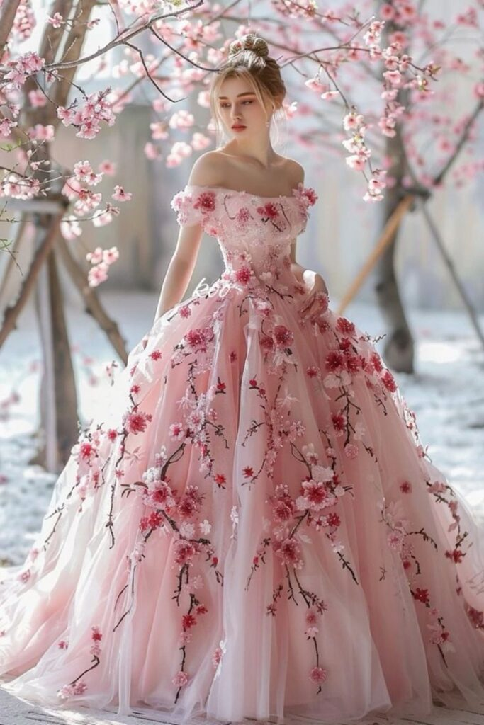 Elegante vestido de gala rosa corte A con hombros descubiertos y flores 3D de tul, modelo Y8364