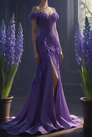 Classy Purple Chiffon Appliques Slit Mermaid Evening Dress Long Prom Dress Y8317