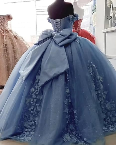 Vestido de quinceañera con apliques de encaje floral y lazo grande, hombros descubiertos, vestido de baile para dulces 16 años Y4263