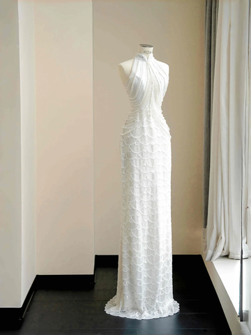 Classy White  Sequins Pearls Chain Sheath Long Prom Dress Evening Dress Y8670