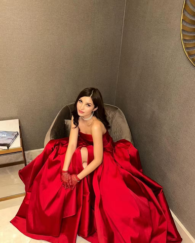 Beautiful Red Strapless Slit Party Evening Dress Formal Satin A Line Prom Dress Y8170