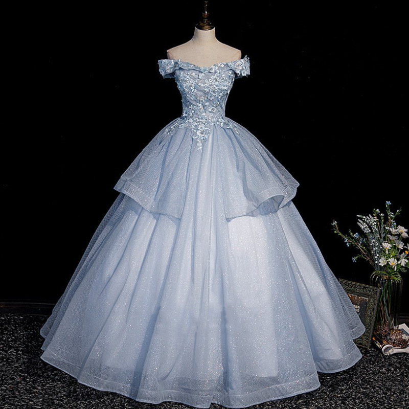 Vestido largo de gala de tul azul con encaje, vestidos de fiesta Y4208