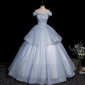 Vestido largo de gala de tul azul con encaje, vestidos de fiesta Y4208