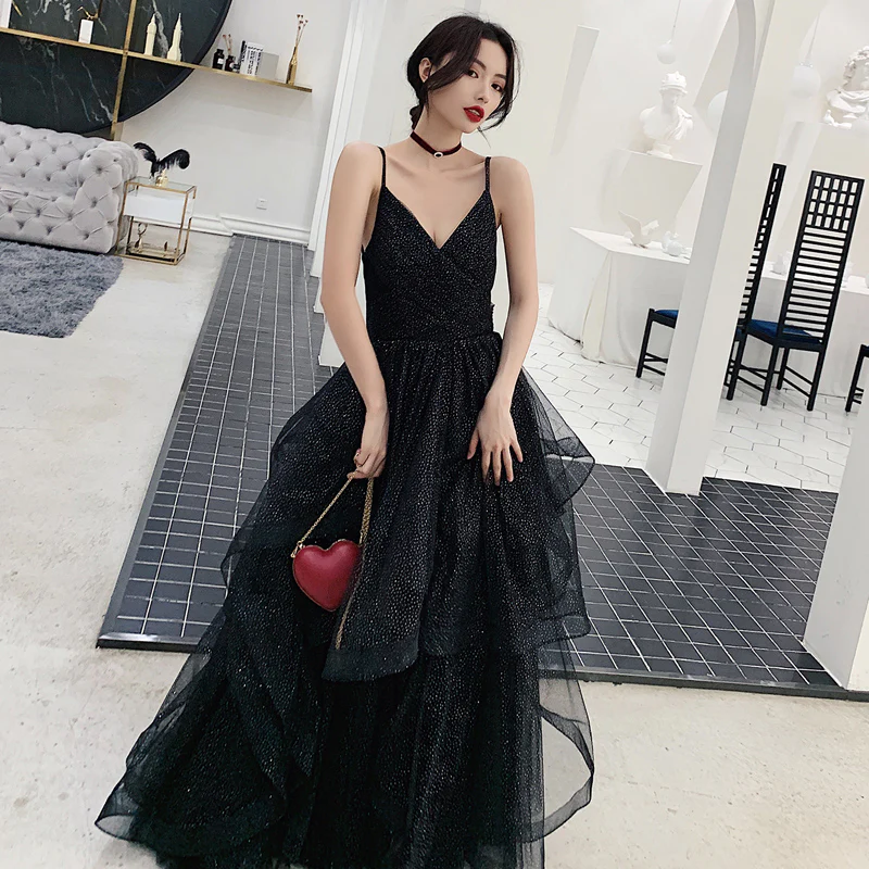 Black tulle sequins prom dress evening dress Y1021