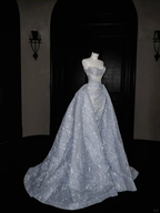 Robe de bal/de soirée/de mariage Y8676 en tulle bleu pailleté sans bretelles et sequins