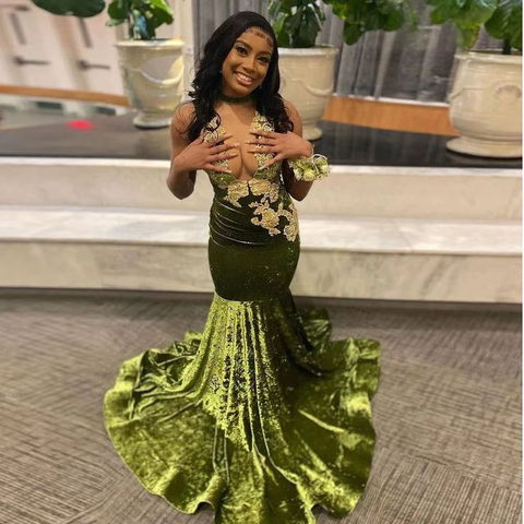 Vestido de graduación africano para chica negra, apliques de terciopelo, escote en V profundo, sexy, estilo sirena, ideal para fiestas y eventos de graduación (modelo Y6345)