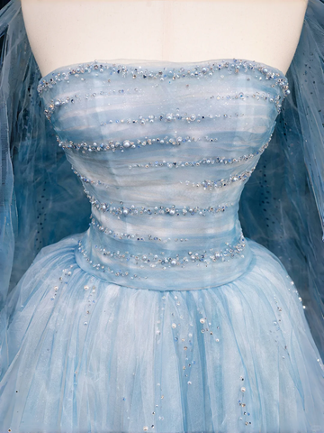 Vestido de fiesta largo de noche de corte A, tul azul sueño con cuentas Y8691