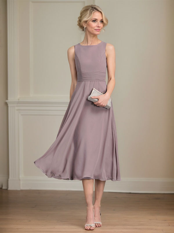 Vestido de chifón de corte línea A, largo té, para la madre de la novia, con escote redondo y pliegues.