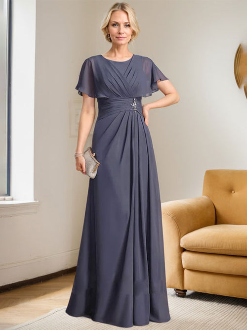 Vestido de corte A, escote redondo, largo hasta el suelo, de gasa, para la madre de la novia, con plisados ​​y cuentas.