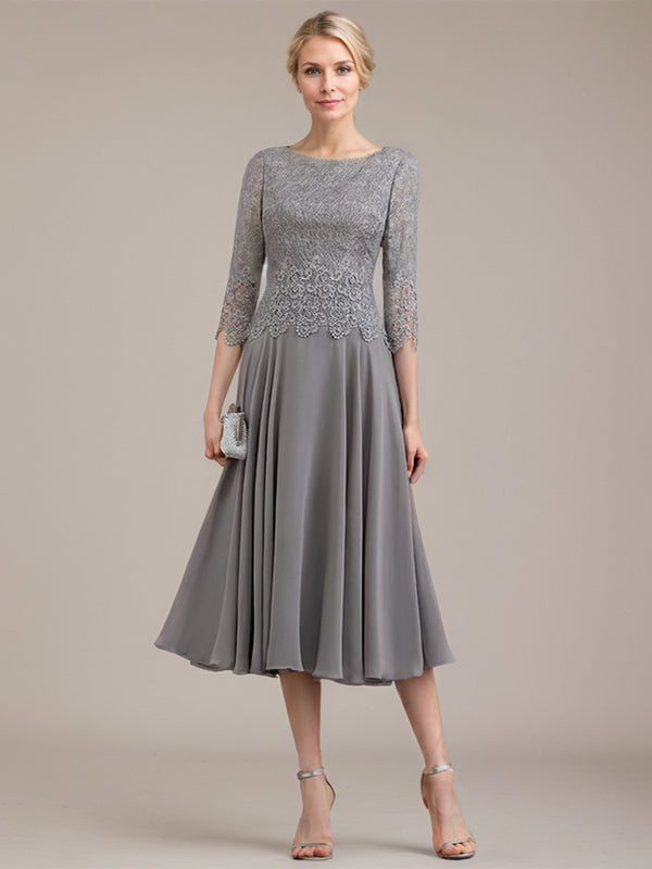 Vestido de corte A con escote redondo y largo hasta la rodilla en gasa de encaje para la madre de la novia 