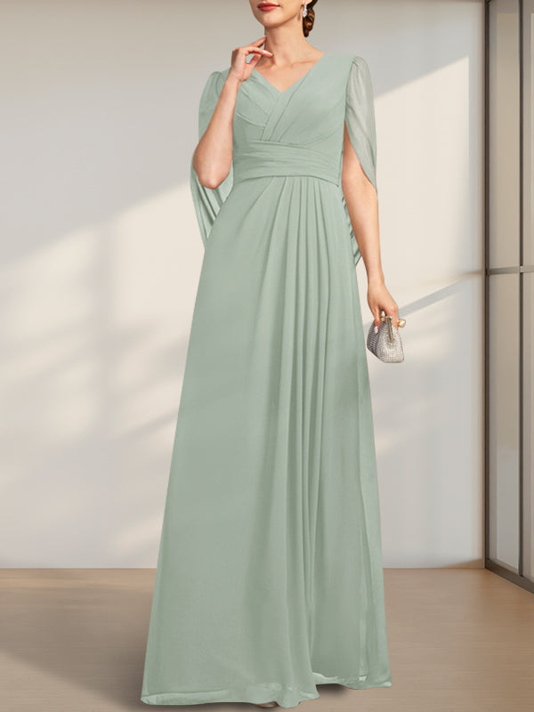 Vestido de gasa de corte A, escote en V y largo hasta el suelo para la madre de la novia, con pliegues