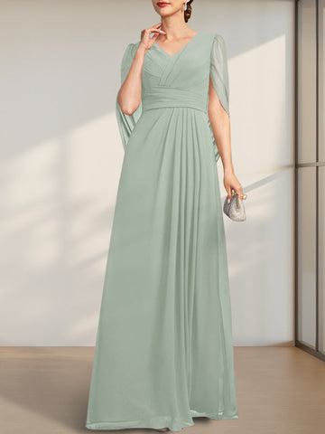 A-line V-Neck Floor-Length Chiffon Mother of the Bride Dress With Pleated