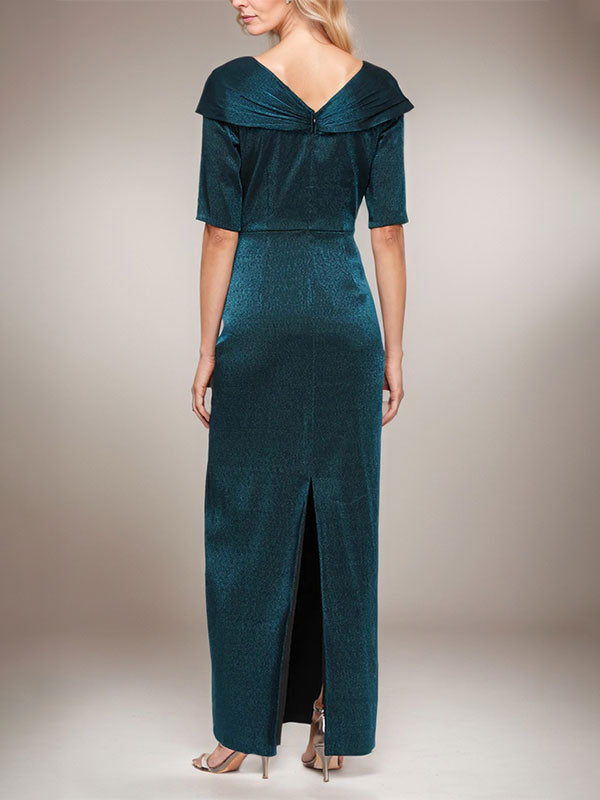 Vestido largo columna brillante con puño doblado, escote en L y mangas al codo