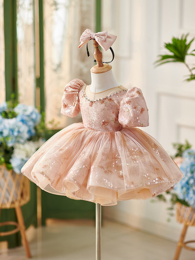 Vestido de bebé niña hasta la rodilla con lentejuelas, mangas abullonadas y pedrería 