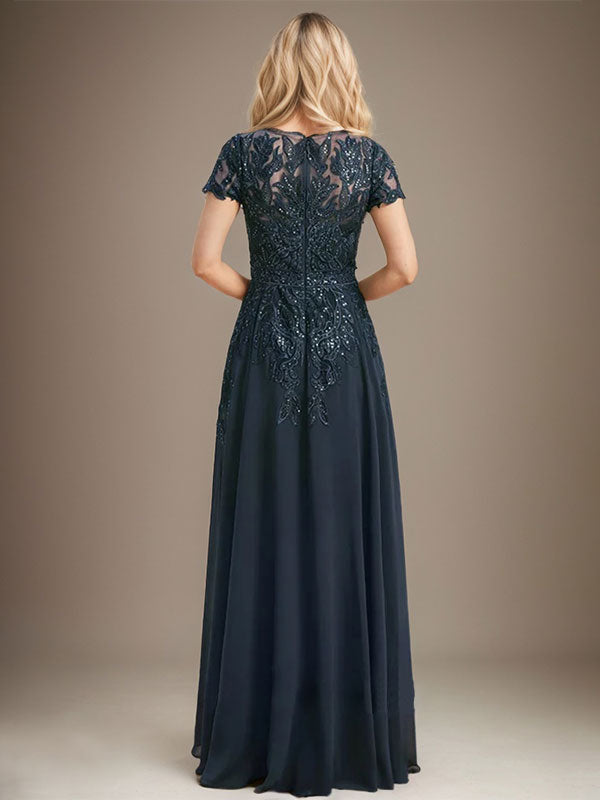 Vestido de novia de corte recto/columna, escote redondo, ilusión, largo hasta el suelo, de encaje y gasa con lentejuelas.