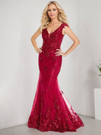 Vestido de sirena para la madre de la novia, corte sirena, escote en V, largo hasta el suelo, de gasa de encaje con apliques de lentejuelas. 