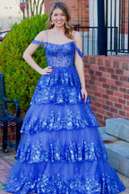 Tulle Sequin Cold-Shoulder Ruffle Tiered Long Prom Dress