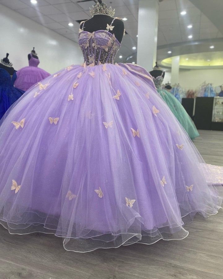 Vestido de baile de tul morado con mariposas, vestido para quinceañera, vestido de princesa morado Y2270