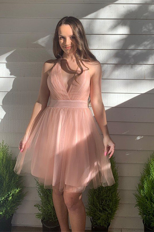 Vestido de fiesta de bienvenida de tul color rubor, corte en A, escote en V profundo