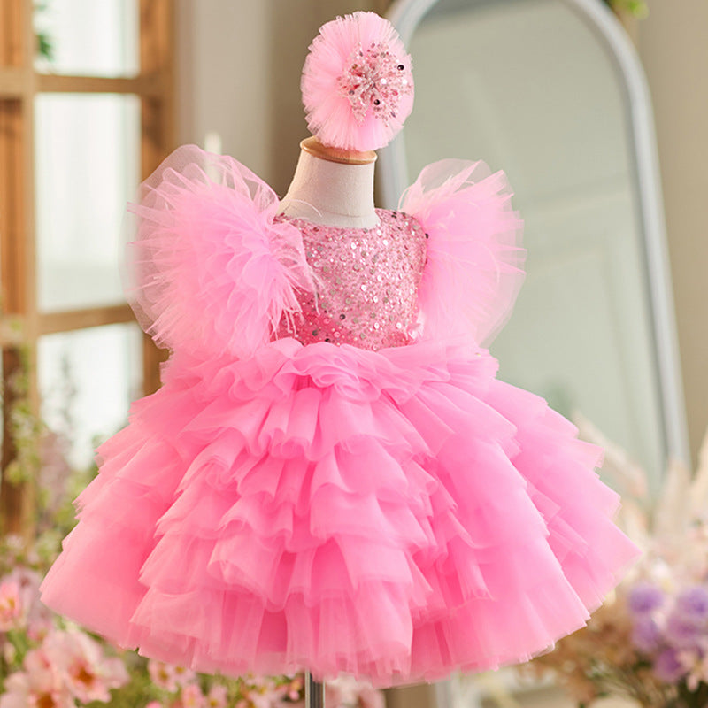 Vestido de fiesta de cumpleaños de 1 año con lentejuelas y tul hasta la rodilla 