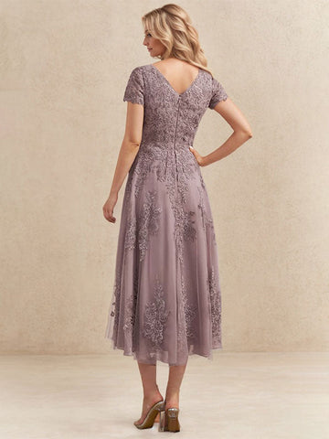 A-line Scoop Tea-Length Tulle Lace Mother of the Bride Dress