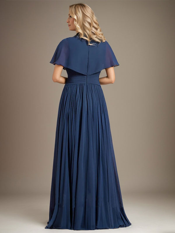 Vestido de gasa de corte A, escote en V, largo hasta el suelo, para la madre de la novia, con broche de cristal y pliegues. 