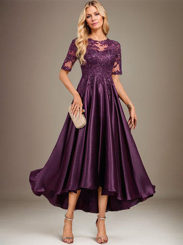 A-line Scoop Illusion Asymmetrical Stretch Satin Lace Mother of the Bride Dress With Sequins