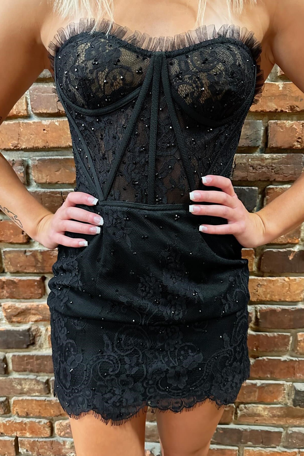 Strapless Eyelash Lace Short Dress