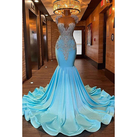 Vestido de noche formal de corte trompeta/sirena con volantes, sin mangas, con cuentas y pedrería