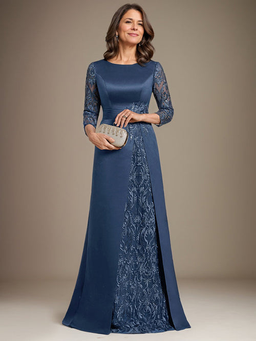 Vestido de novia de corte A, escote redondo, largo hasta el suelo, de satén de encaje, con apliques, para la madre de la novia. 