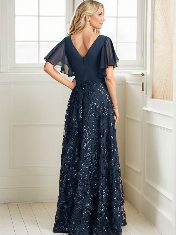 Vestido de novia de corte A, escote en V, largo hasta el suelo, de encaje, lentejuelas y gasa, con pliegues.