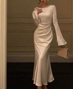 Women's O-Neck Satin Evening Dress Simple White Cocktail Dress Y6894