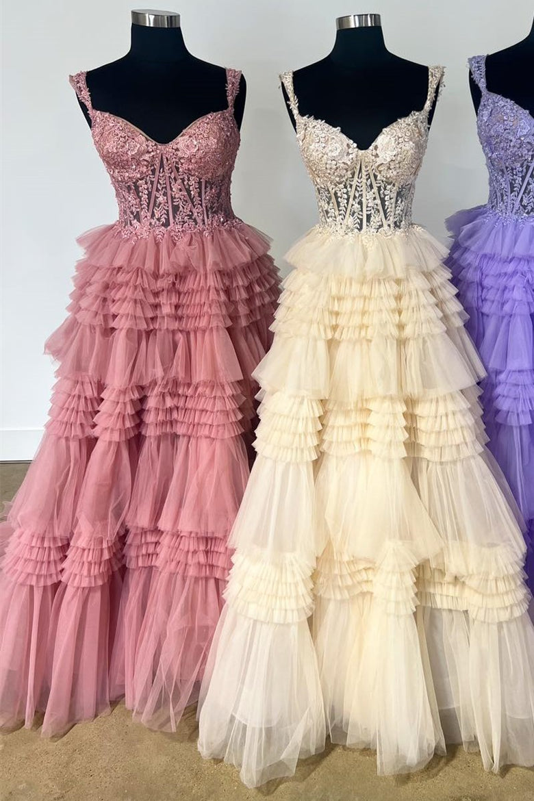 Robe de bal longue en tulle à épaules dénudées et à volants étagés