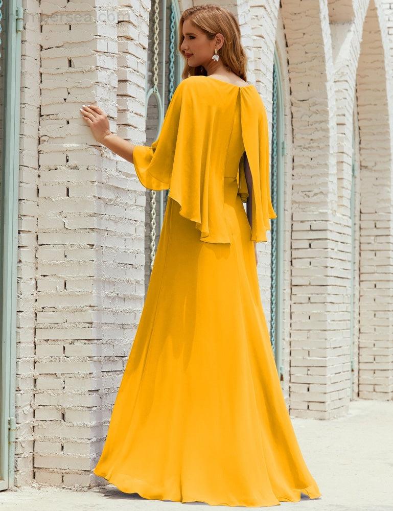 Vestido de dama de honor Sunderly para mujer, manga larga, cuello en V, de gasa, vestido formal de fiesta de boda SY28018